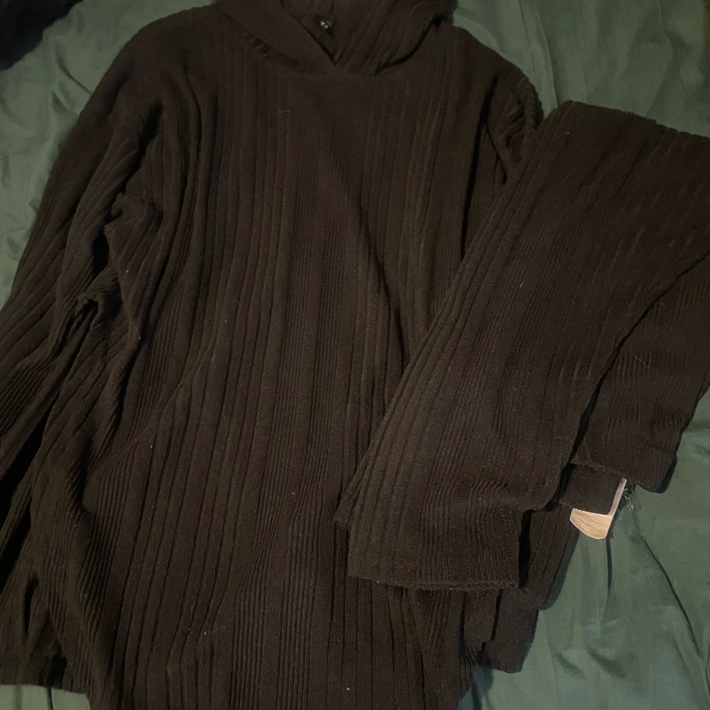 Black Ribbed Knit Hoodie and Pants Set